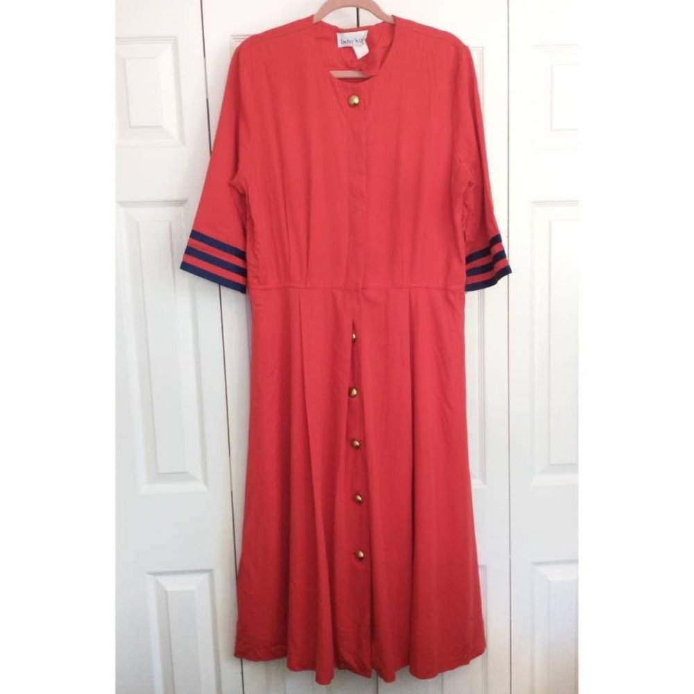 Vintage 80s 90s Nautical Red Midi dress with Large Gold Buttons